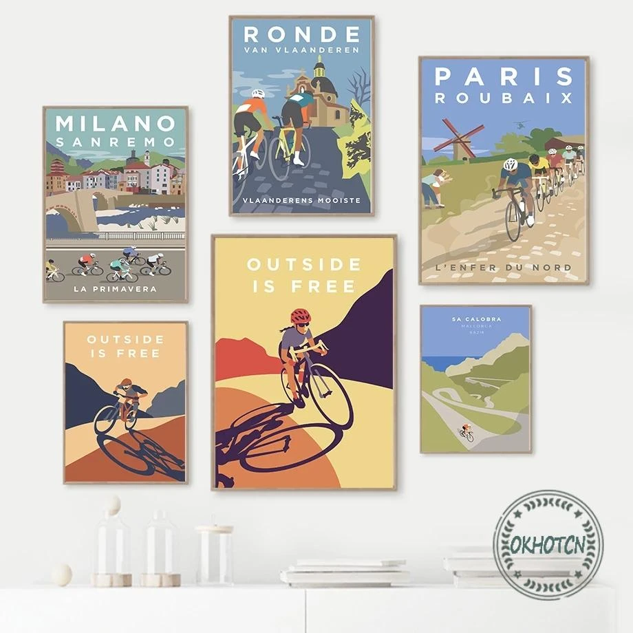 Outside Sports Bike Cycling Canvas Painting Vintage France Paris Cyclist Race Commemorative Activities Poster Wall Art Pictures