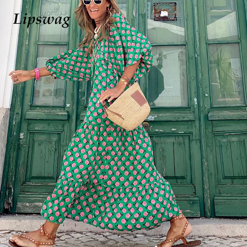 Women 2021 Autumn Printed Vintage Long Dress Lady Elegant V Neck  Drawstring Party Dress Casual Half Lantern Sleeve Loose Dress