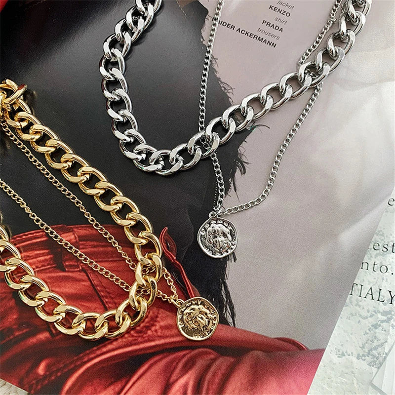 Retro Portrait Exaggerated Thick Chain Necklace Double Layer Cool Chain Hip Hop Necklace Short Clavicle Chain Accessories