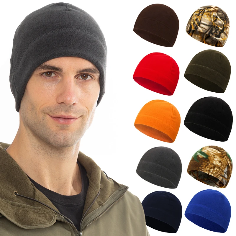 Men Women Winter Warm Outdoor Faux Fleece Round Hat Camo Camouflage Solid Color Windproof Military Tactical Beanie Skull Cap