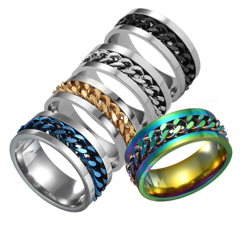 Stainless Steel 8mm Chain Spinner Ring For Men Blue Gold Cool Black Punk Rock Rotatable Rings Accessories Jewelry Gift