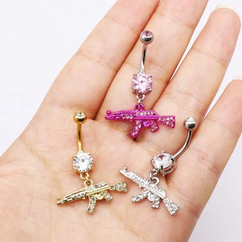 1Pc Fashion Dangle Navel Ring Clear Gem Gun Belly Ring Body Piercing Jewelry For Woman