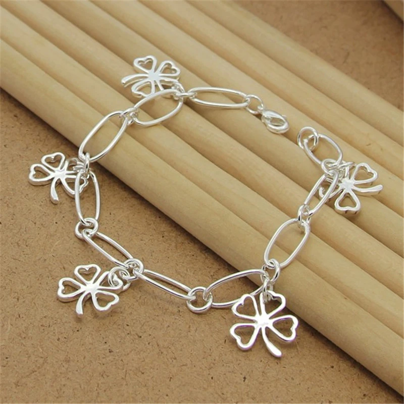 High Quality 925 Sterling Silver Bracelet Four Leaf Clover Paper Clip Bracelet 8 Inches For Women & Men Party Charm Jewelry Gift