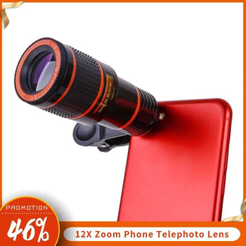 Universal 12X Zoom Mobile Phone Telephoto Lens HD Telescope Telephoto Mobile Phone Camera Lens with Clip External Optical Len