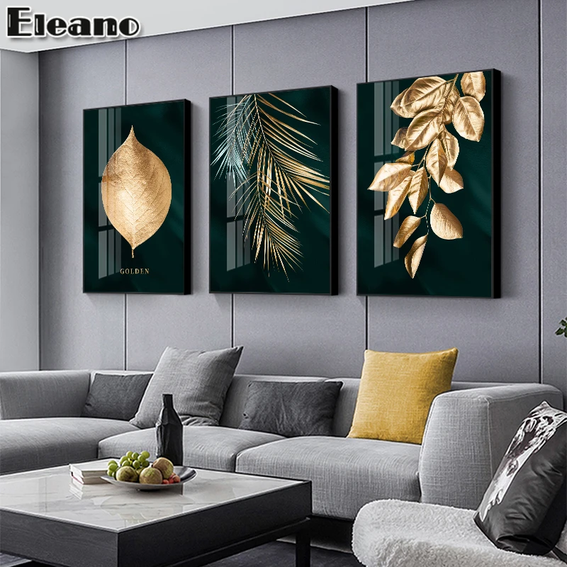 Canvas Painting for living room Dark green gold Big leaves Poster Light luxury wall Abstract picture Modern Decorative Paintings