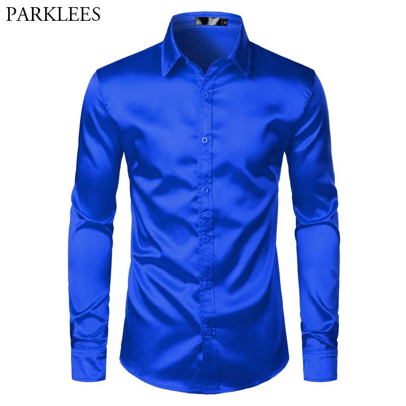 Royal Blue Silk Satin Shirt Men 2019 Luxury Brand New Slim Fit Mens Dress Shirts Wedding Party Casual Male Casual Shirt Chemise