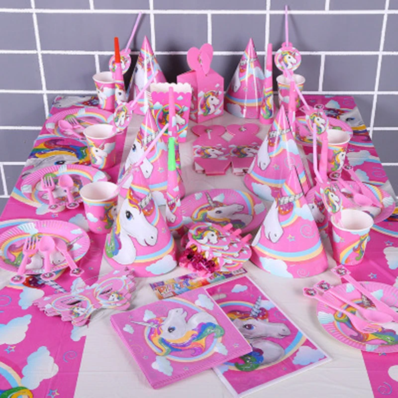 Unicorn Party Supplies Pink Rainbow Unicorn Banner Plate Napkin Cupcake Wrapper Baby Shower Kids Birthday Party Decor Supplies