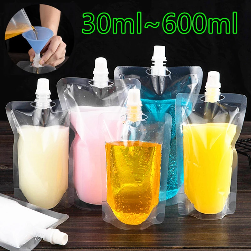 100pcs 30ml~600ml Transparent Stand up Spout Beverage Bags Plastic Spout Pouches for Party Wedding Fruit Juice Beer with Funnels