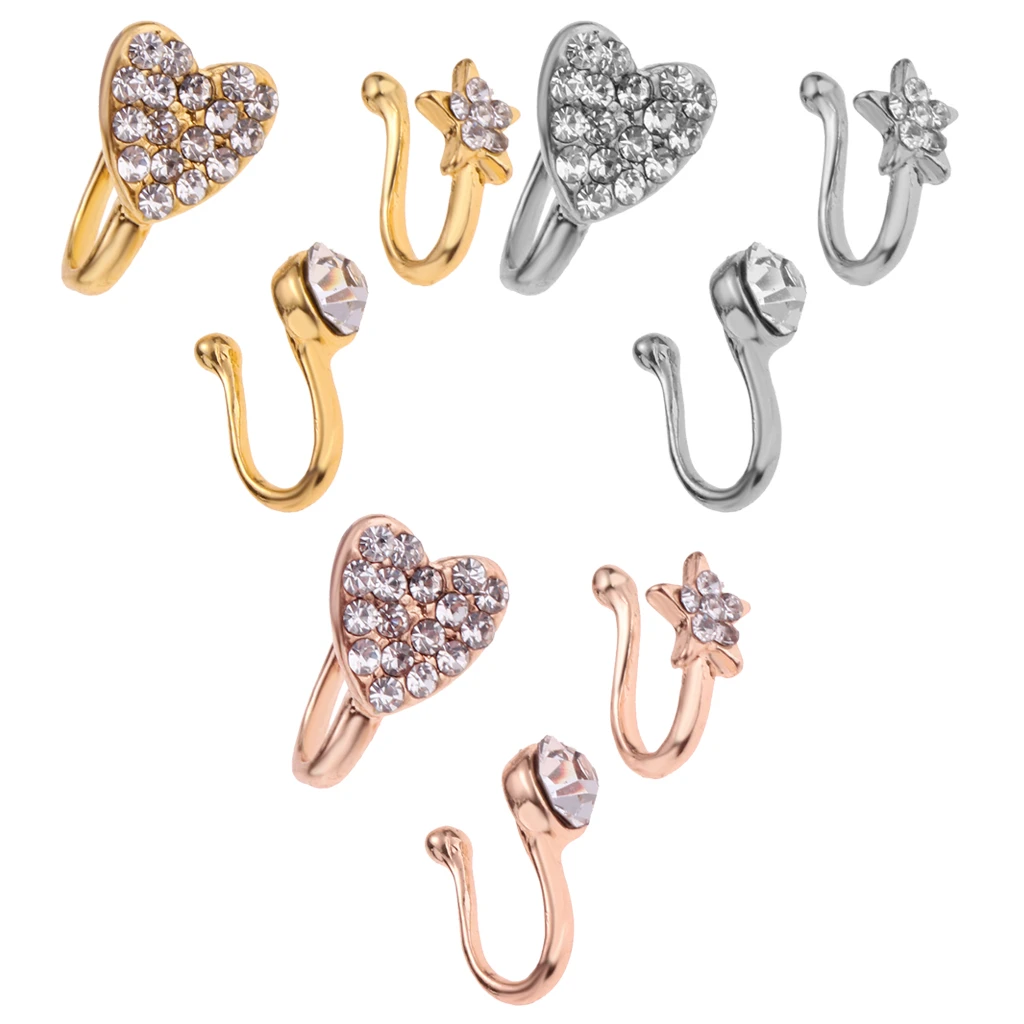 3 Pcs Fashion Nose Ring Charm Flower Heart Pentagram Crystal Metal  Fake Nose Ring Clip On Nose Ring Earrings Simple пирсинг
