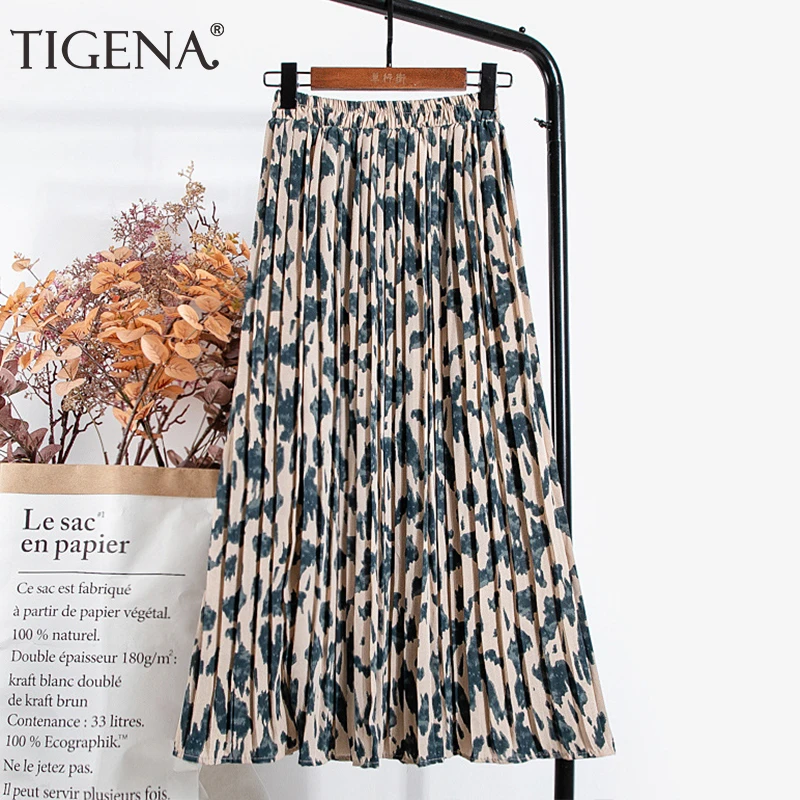 TIGENA Leopard Print Long Maxi Pleated Skirt Women Fashion 2021 Summer Korean Elastic High Waist Aesthetic Chiffon Skirt Female