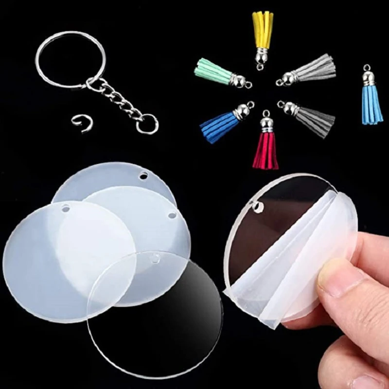 48 Pcs Acrylic Keychain Blanks with Key Rings Round Clear Discs Circles Colorful Tassel Pendant Jump Rings for DIY Craft