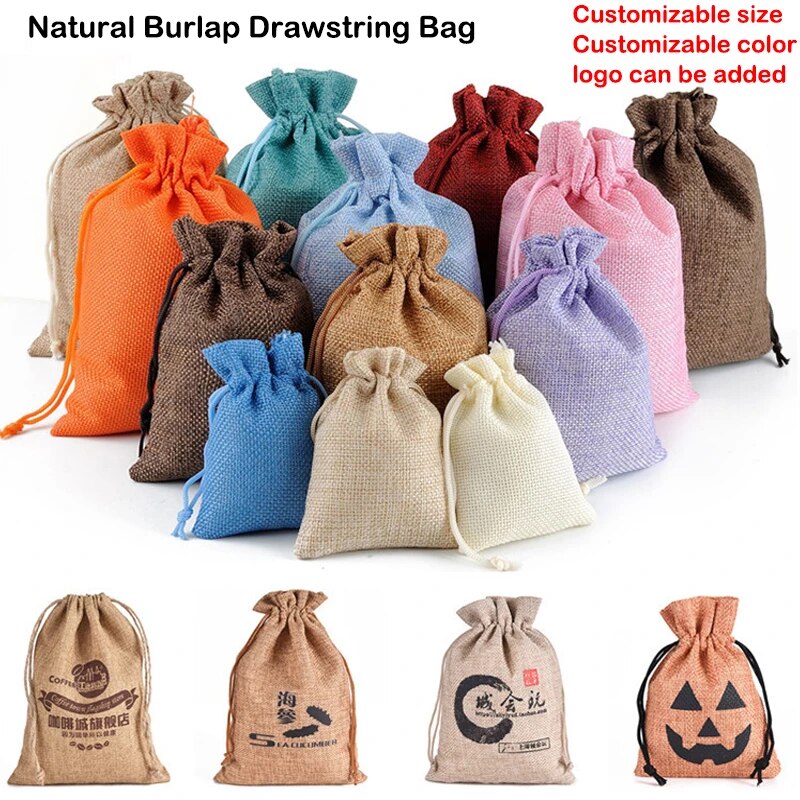 50Pcs Jute Drawstring Natural Burlap Bag Jute Gift Bags Multi Size Jewelry Packaging Wedding Diy Burlap Bags Customizable Logo