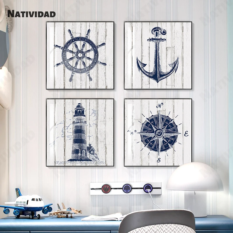 Nautical Chart Painting Lighthouse Canvas Painting Navy Picture Anchor Compass Poster Mediterranean Boy Room Home Decor Art