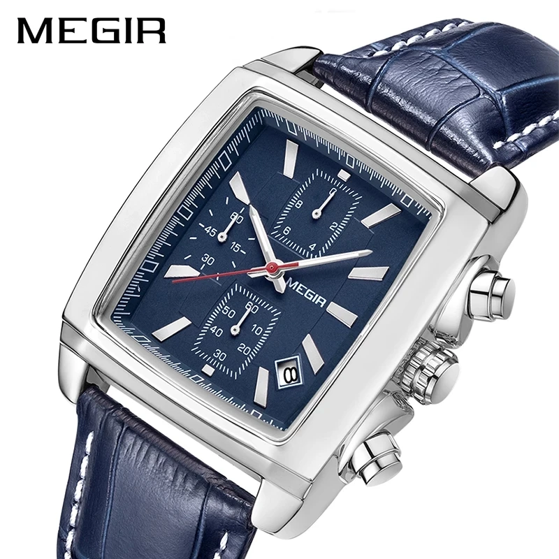 MEGIR Leather Blue Watch Men Top Brand Luxury Chronograph Military Quartz Watches for Man Waterproof Luminous Reloj Hombre  2028