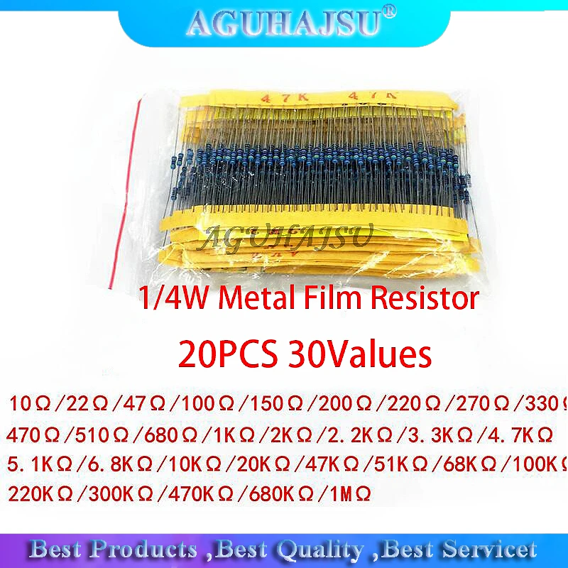 600Pcs 1/4W 1% 20PCS 30Values Metal Film Resistor Assortment Kit Set pack electronic diy kit resistor