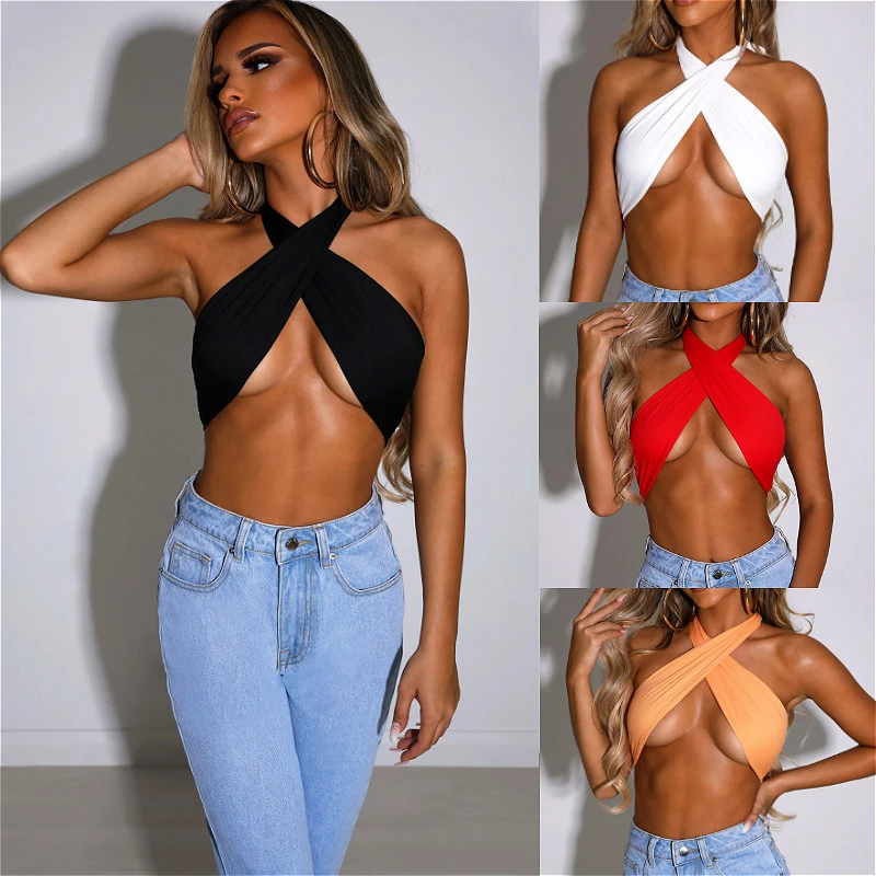 Women Halter Cross Bandage Sexy Vest Crop Tops Sleeveless Solid Color Tank Tops Vintage Club Sexy Shirts Female