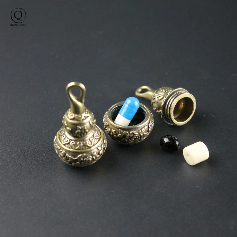 Brass Chinese Letters Blessing Lotus Gourd Charms Copper Lucky Car Key Chain Pendants Pill Box Medicine Case Container Bottle