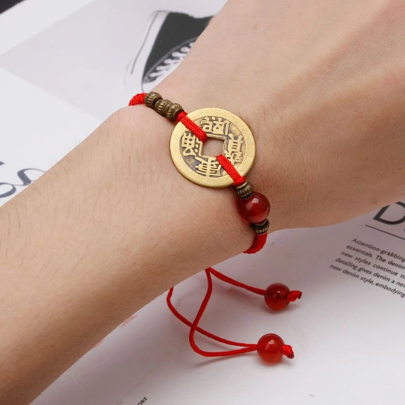 Feng Shui I Ching Ancient Coin Kabbalah Red String Attract Luck Wealth Bracelets