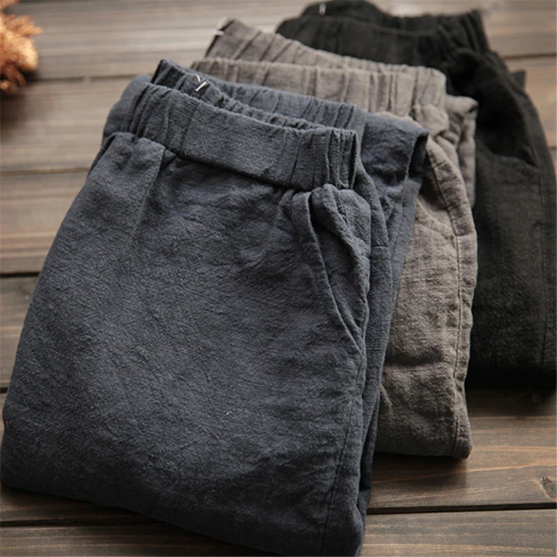 Oversize Women Elastic Waist Ankle Pants Casual Cotton Linen Pants Loose Capri Harem Trousers Female Summer Autumn Pant