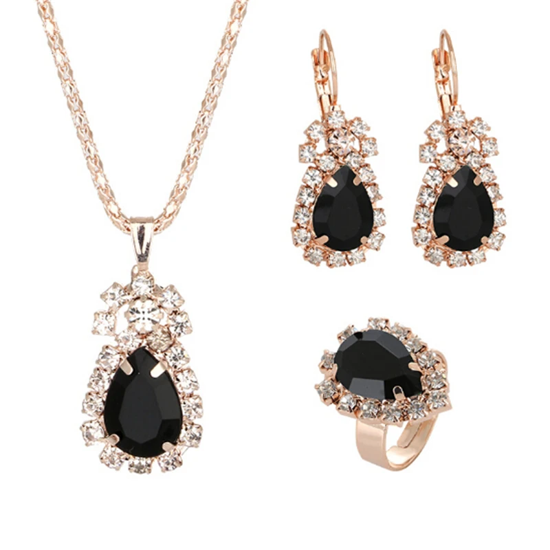 Fashion Waterdrop Shiny Rhinestones Necklace Ring Earrings Women Jewelry Set Elegant Luxury Design New Wedding Jewelry