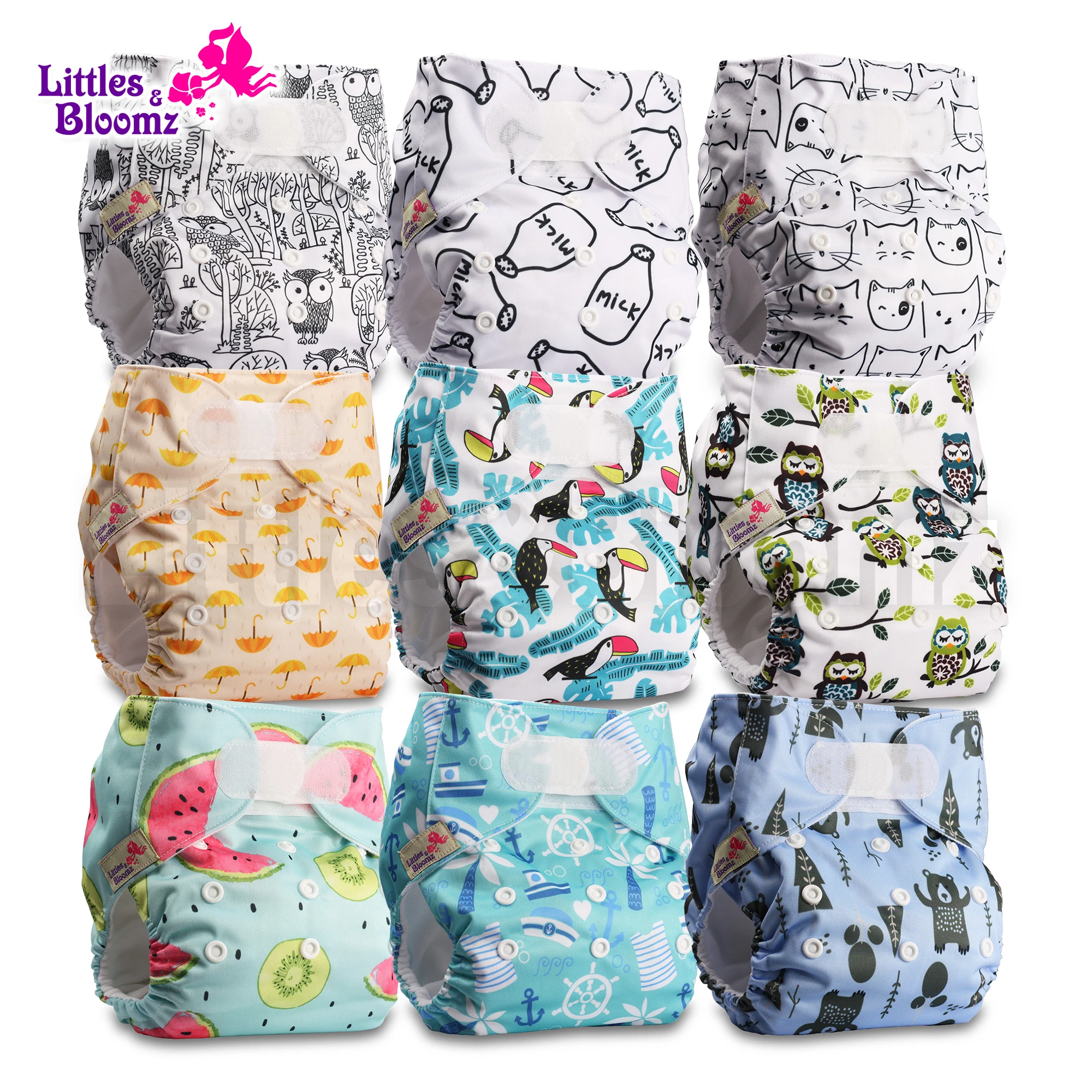 [Littles&Bloomz]9pcs/set STANDARD Hook-Loop Reusable Washable Real Cloth Nappy Diaper,9 nappies/diapers and 0 inserts in one set