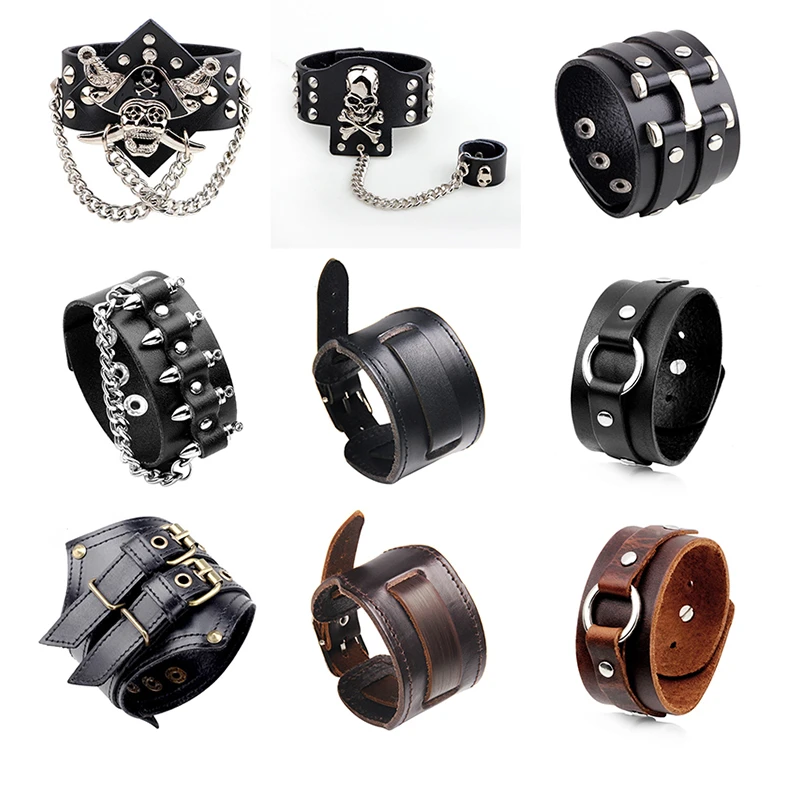 Heavy Metal Black Brown Men Leather Bracelet Rock Statement Skull Bracelets Bangles Gothic Style Personality Charm Jewelry