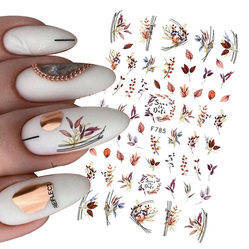 1pcs Leaf With Lines Nails Sticker Designer Fruit Nail Art 3D Decals Acrylic Designs Self Adhesive Manicure Slider Accesorioss