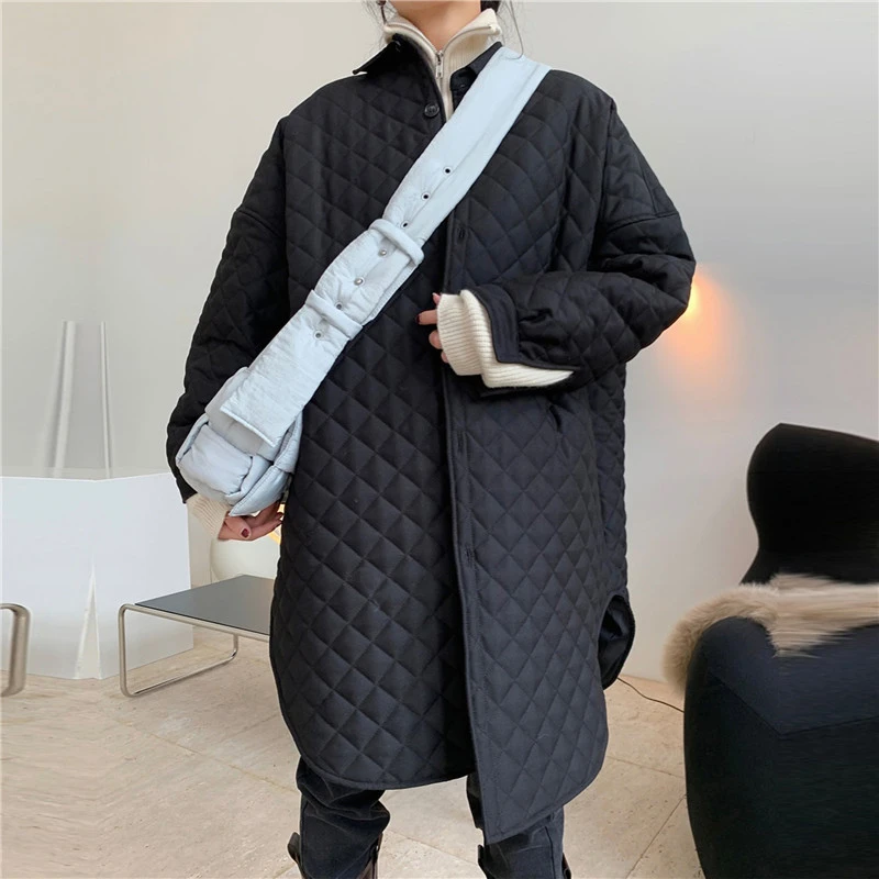 Winter Parka Thick Fashionable Silhouette Argyle Shirt Quilted Cotton Coat Female Oversize Thin Long Warm Jacket Women