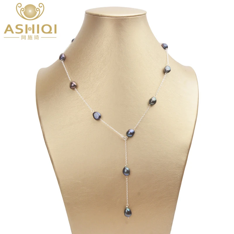 ASHIQI Real 925 Sterling Silver Necklace 8-9mm Natural Baroque Pearl For Women Vintage Handmade Jewelry Gift