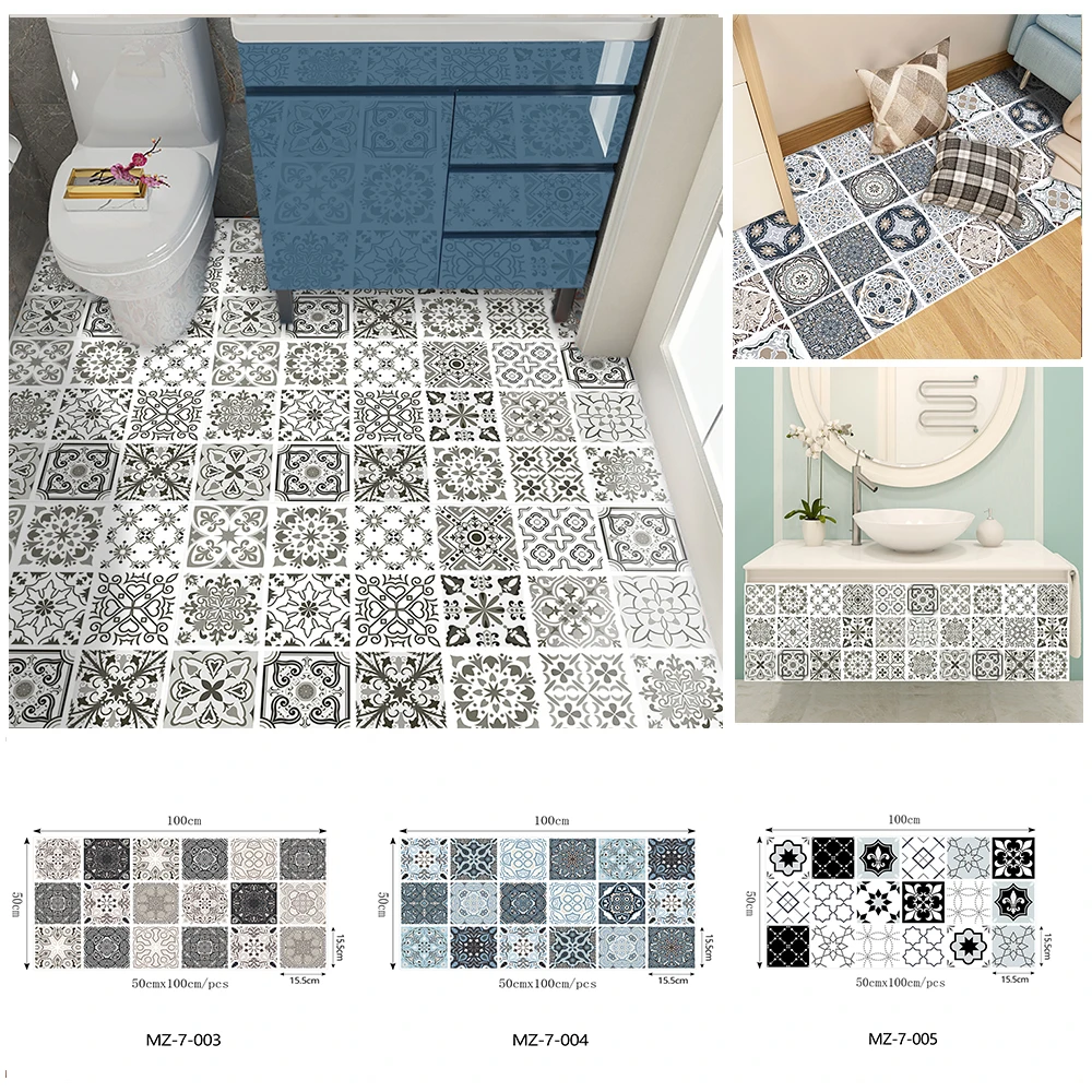 Gray Pattern Frosted Tile Floor Sticker Kitchen Bathroom Wall Decor 50*100cm*1pc Waterproof Wear-resisting Ground PVC Sticker
