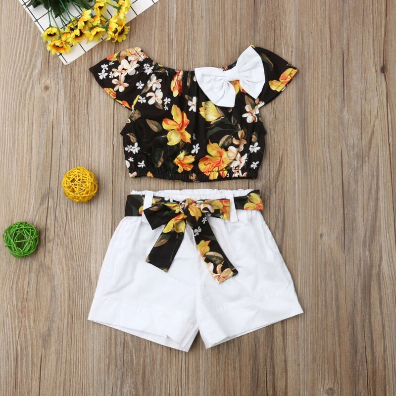 Fashion Newborn Baby Kid Girl Clothes Summer Floarl Top T-shirt Solid Short Pant 2pcs Outfits Set Clothing for 1-5 Years Old