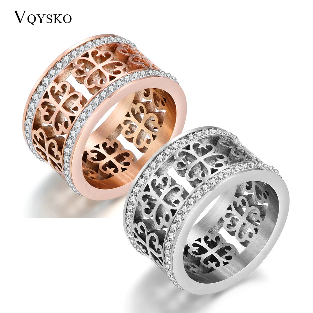 Fashion Trendy Flower Vintage Wedding Rings For Women Classic Design Rose Gold Color Stainless Steel 2 Row Zircon Crystal Ring
