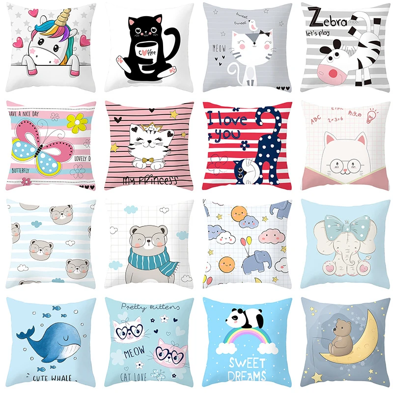 Cartoon Animals Pillowcase Unicorn Dog Single Print Sofa Cushion Case Cute Whale Decorative Cushion Cover For Children's Bedroom