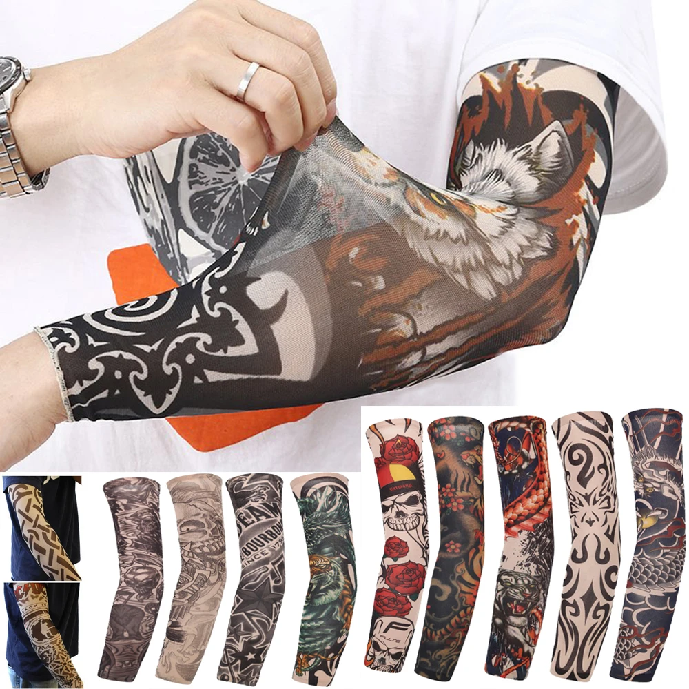 1PC Street Tattoo Arm Sleeves Sun UV Protection Arm Cover Seamless Outdoor Basketball Riding Sunscreen Arm Sleeves For Men Women