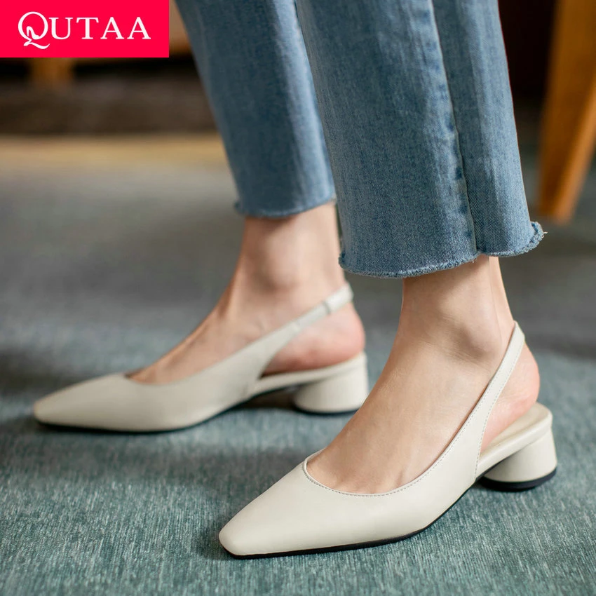 QUTAA 2021 Square Med Heel Back Strap Women Sandals Microfiber Summer Ladies Pumps Pointed Toe Concise Female Shoes Size 34-43