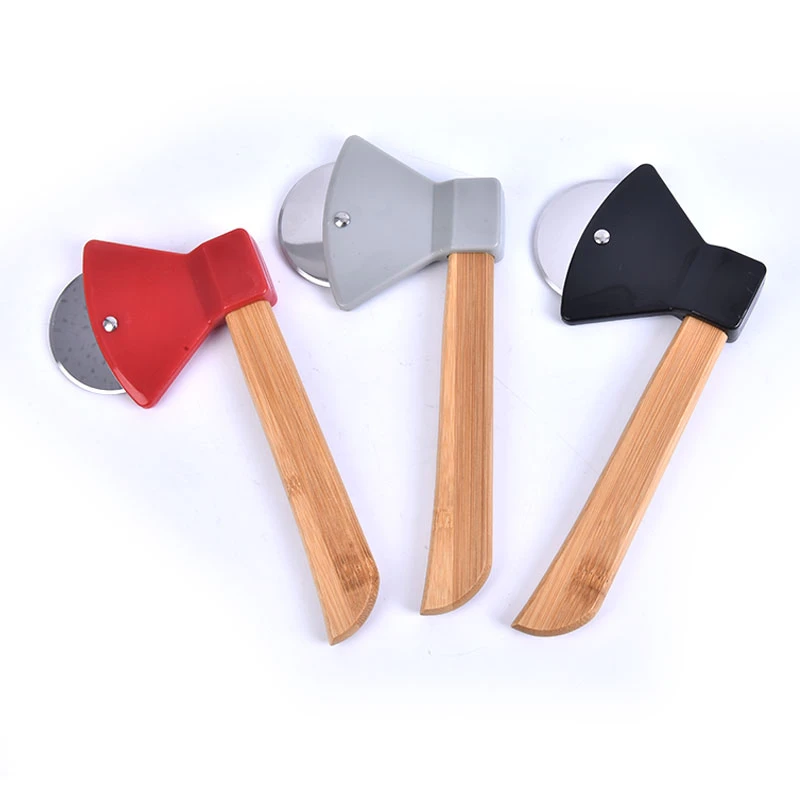 Axe Bamboo Handle Pizza Cutter Rotating Blade Home Kitchen Cutting Tool
