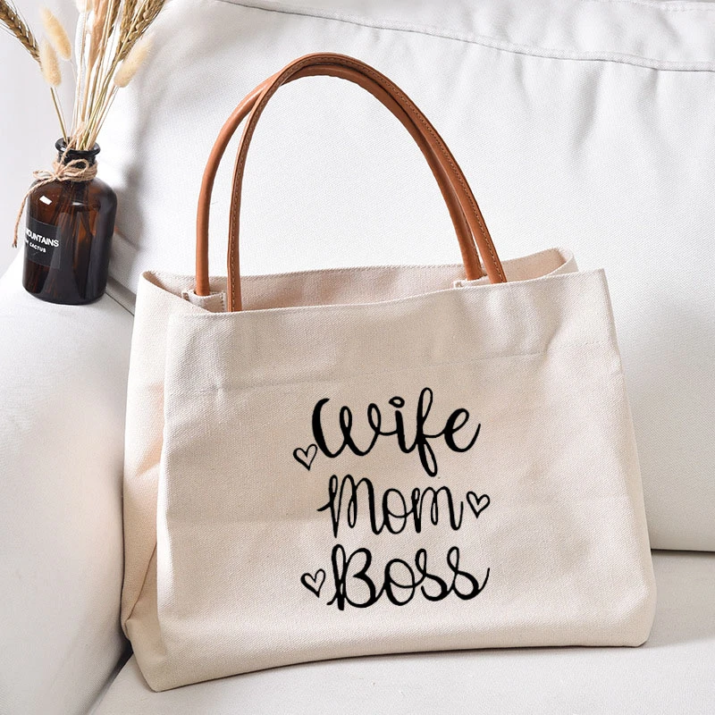 Wife Mom Boss Women Lady Casual Canvas Tote Bag Gift for Mother Mama Large Capacity Handbag Shoulder Bags Shopping Bag Beach Bag