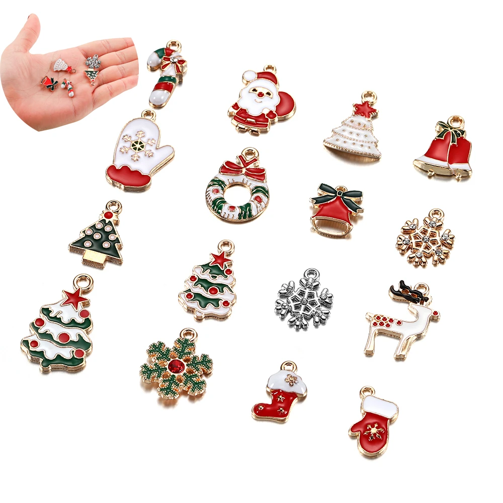 20pcs/lot Christmas Charms Pendants Enamel Bracelet Party Home Metal Craft Decoration Tree Hanging For DIY Jewelry Accessories