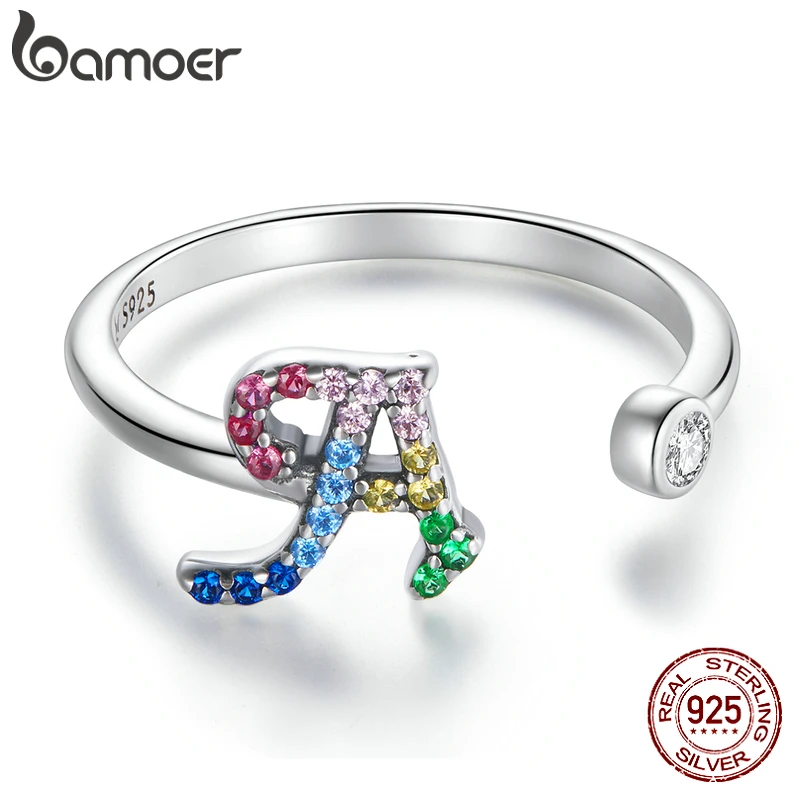 bamoer 925 Sterling Silver Stackable Initial Letter Rings for Women, Capital Letter Adjustable Ring Size 6-8 Jewelry SCR723