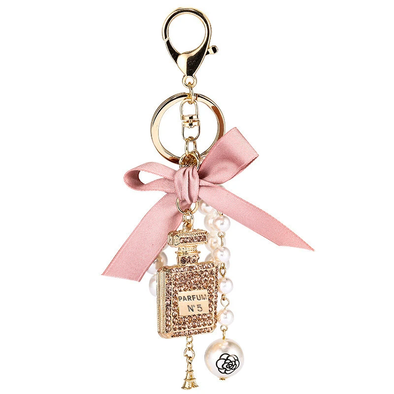 Fashion Imitation Pearl Perfume Bottle Keychain Car Key Ring Women Bag Charm Accessories Cute Bow Key Chain Creative Keyrings