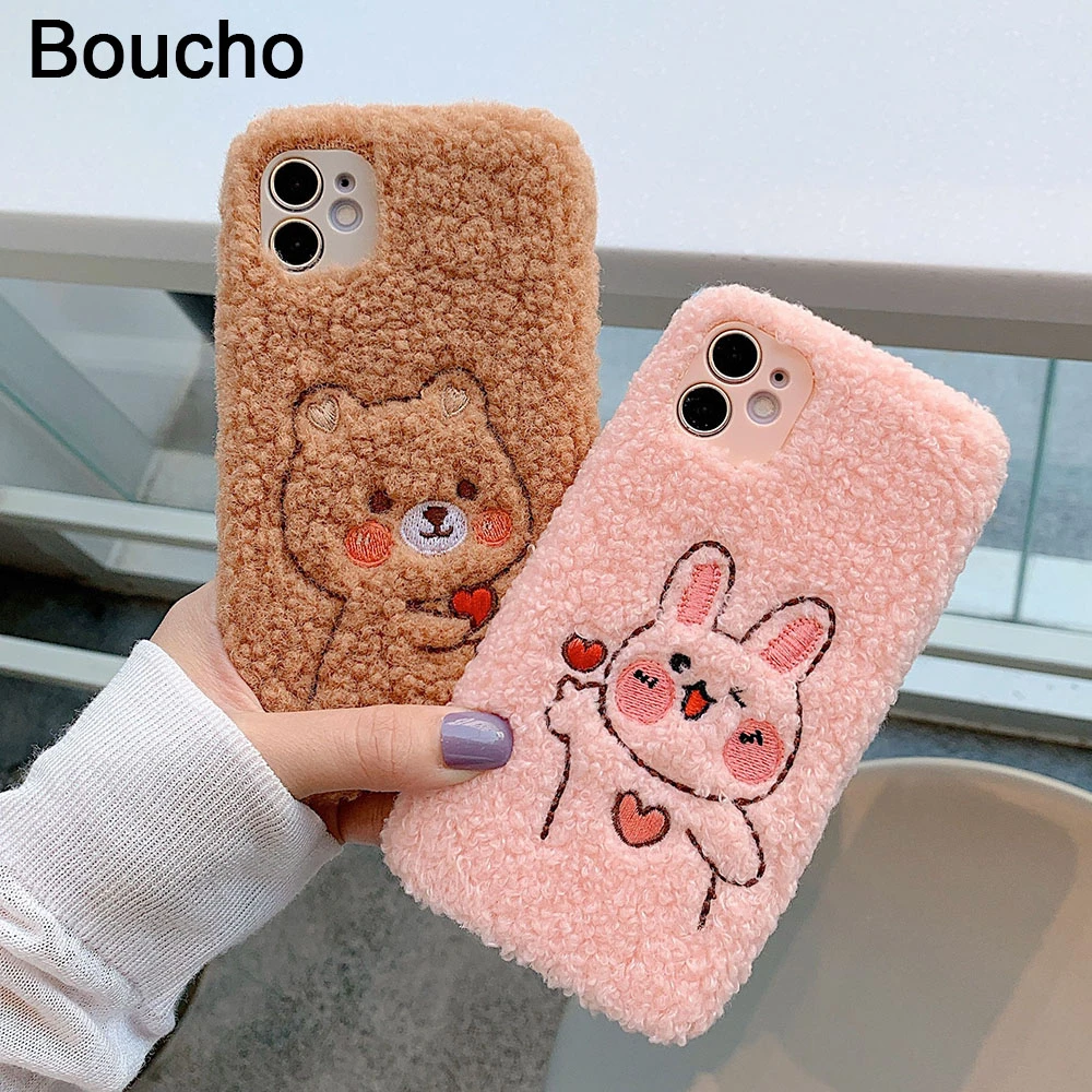 Cute Embroidery Bear Rabbit Phone Case for iPhone 12 13 Pro Max XS XR X 11Pro Max SE 6 7 8 Plus Furry fluffy Warm Soft Cover