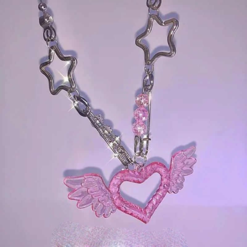 Punk Hiphop Acrylic Pink Heart Shape Pendant Necklaces for Women Fashion Neck Chains Jewelry Nightclub Wings Star Pin Necklace
