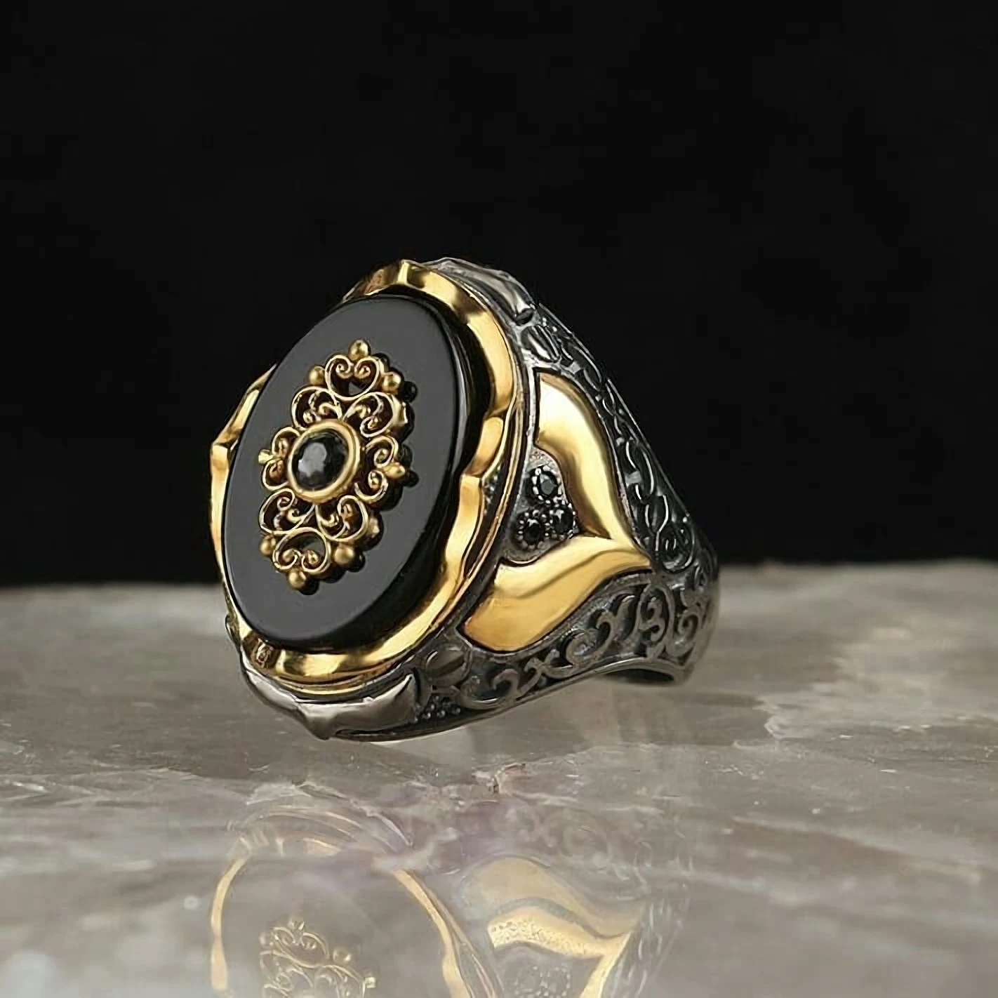 Punk Men's 925 Silver Round Onyx Gold Plated Black Ring Fashion Pattern Inlaid Gemstone Jewelry Party Birthstone Band