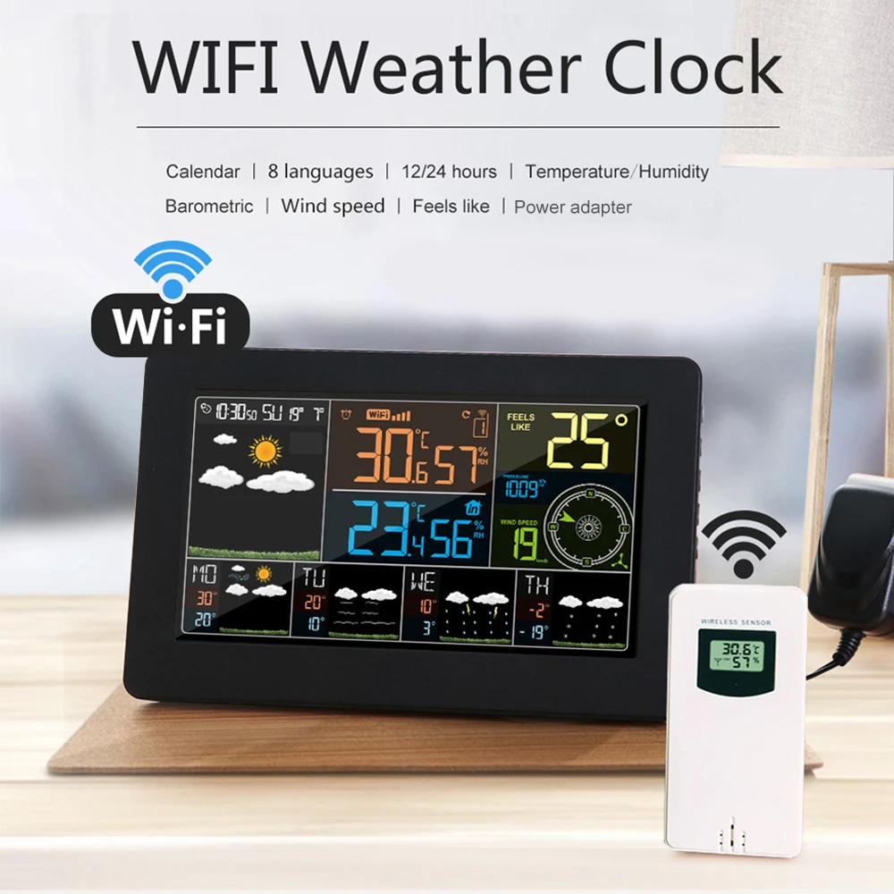 WiFi Weather Station APP Control Smart Weather Monitor Indoor Outdoor Temperature Humidity Barometric Wind Speed Functions