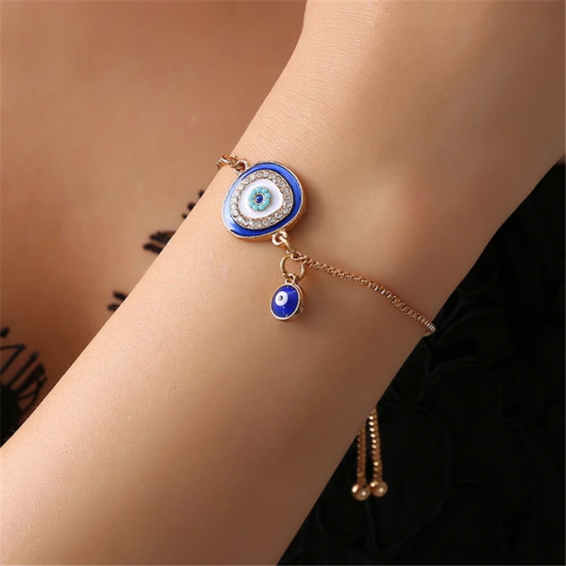 ONEVAN Free Shipping Turkish Lucky Blue Crystal Evil Eye Bracelets Handmade Gold Chains Lucky Jewelry Family Appropriate Gifts