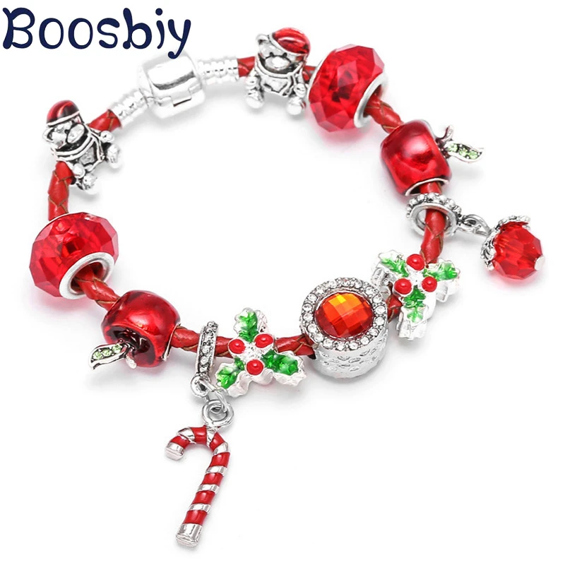 Boosbiy Dropshipping Red Leather Charm Bracelet With Seld Dangle Charms Brand Bracelet For Women Diy Christmas Gift