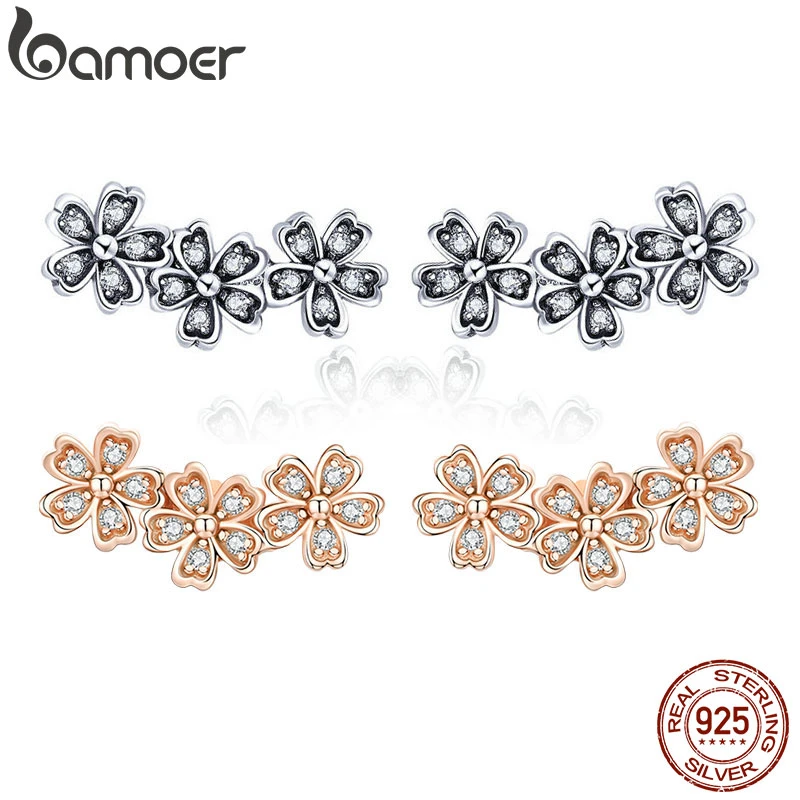 BAMOER 925 Sterling Silver Daisy Flower Clear CZ Stud Earrings for Women Sterling Silver Jewelry Valentine's Day Gift SCE419