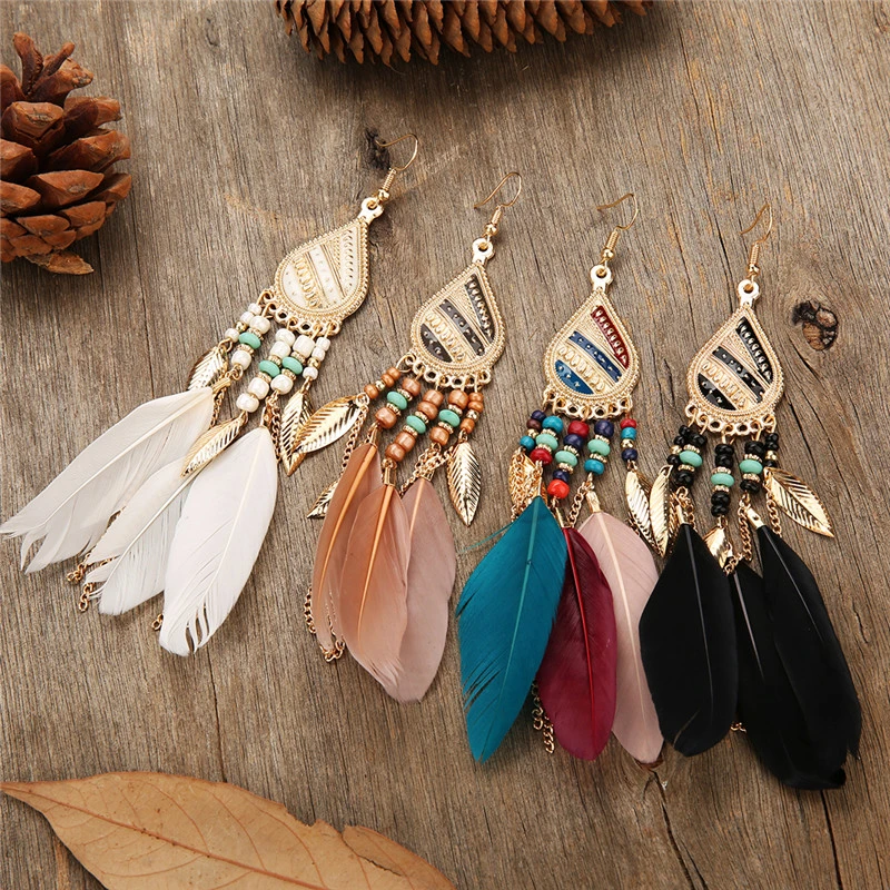 Colorful Feather Vintage Bohemian Fringed water drops earrings temperament wild earrings fairy earrings Boho Indian Jewelry
