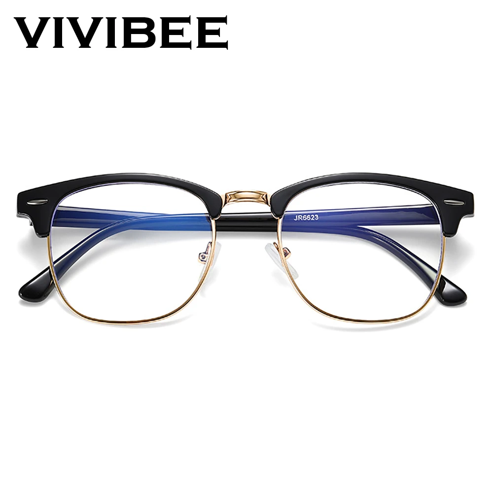 VIVIBEE Classic Semi Rimless Anti Blue Light Glasses Men Square Anti Ray Eyeglasses Frames Computer Women Gaming Goggles