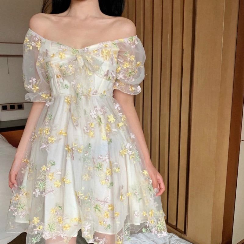 French Floral Dress Women Sexy Puff Sleeve Lace Chiffon Print Mini Dress Women Summer Korean Style Vintage Fairy Dress New 2021